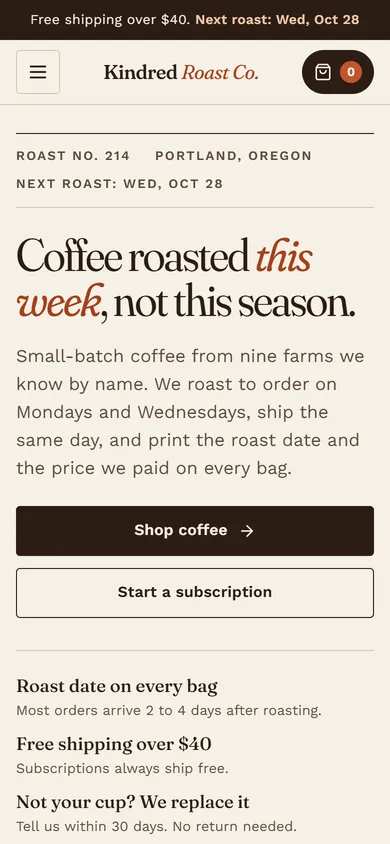 Phone view of the Kindred Roast Co. concept
