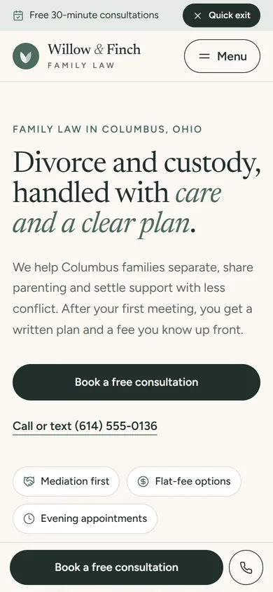 Phone view of the Willow & Finch Family Law concept
