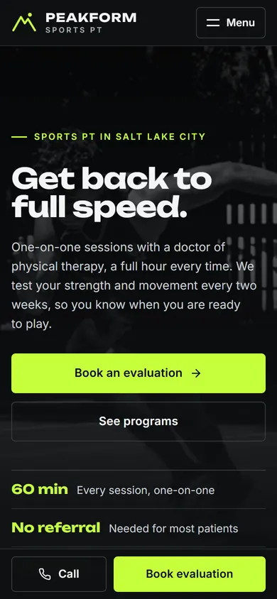 Phone view of the Peakform Sports Physical Therapy concept