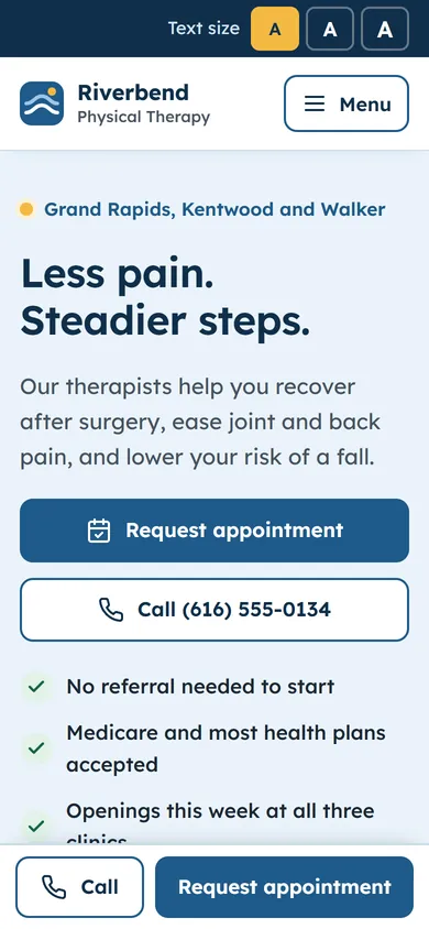 Phone view of the Riverbend Physical Therapy concept