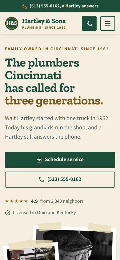 Phone view of the Hartley & Sons Plumbing concept