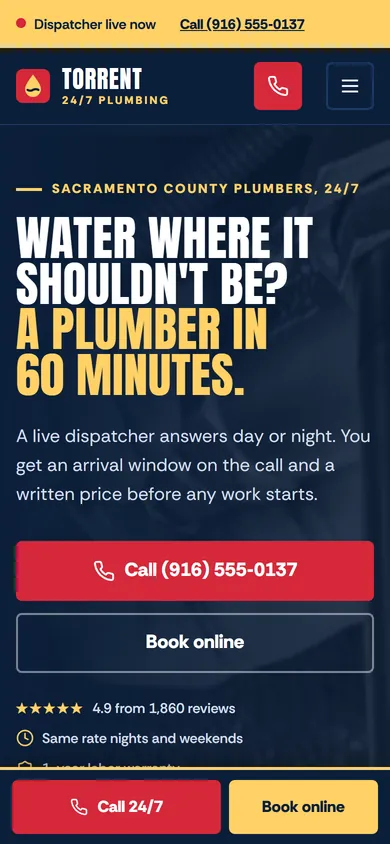 Phone view of the Torrent 24/7 Plumbing concept