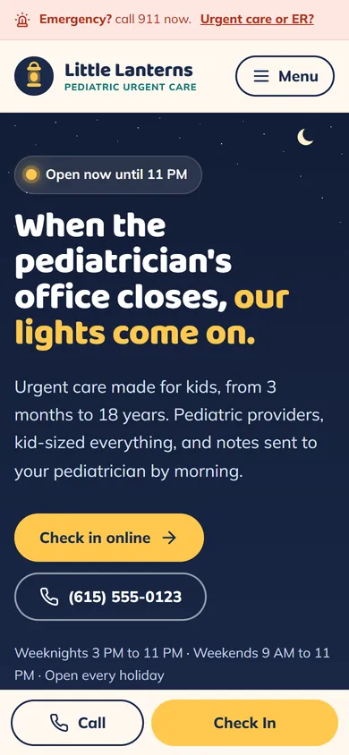 Phone view of the Little Lanterns Pediatric Urgent Care concept