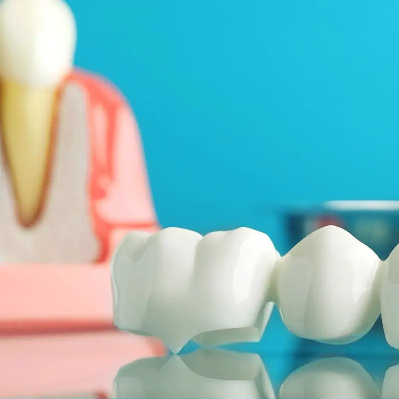 A ceramic crown beside a tooth model on a teal background