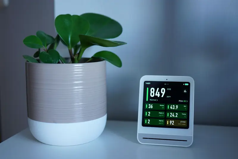 Indoor air quality monitor beside a potted plant