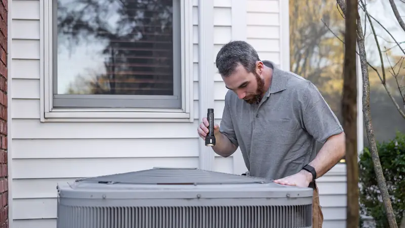 Cardinal technician checking an outdoor air conditioner beside a white-sided house