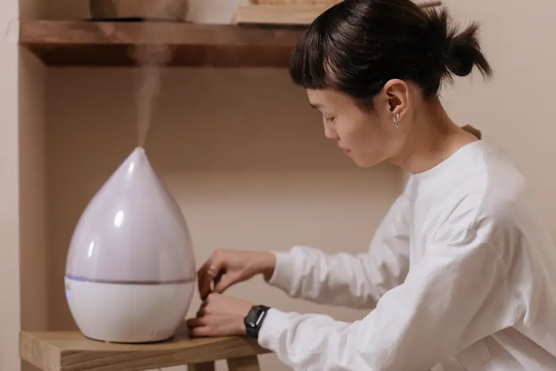 Woman setting a humidifier on a shelf at home