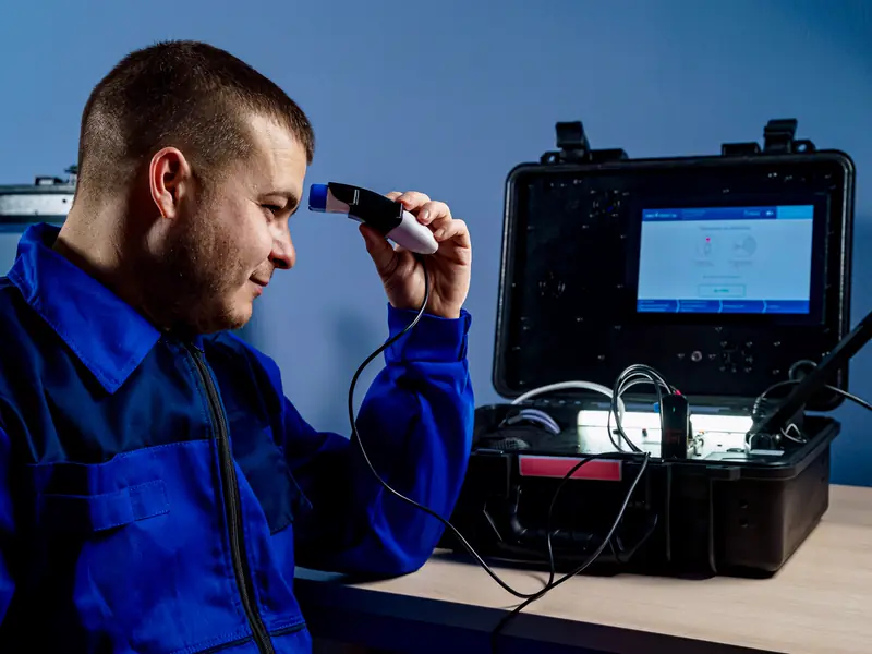 Energy auditor reading a diagnostic instrument at a field case
