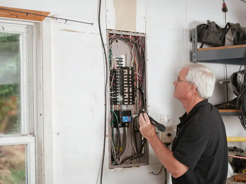 Electrician checking a home's breaker panel before a heat pump install