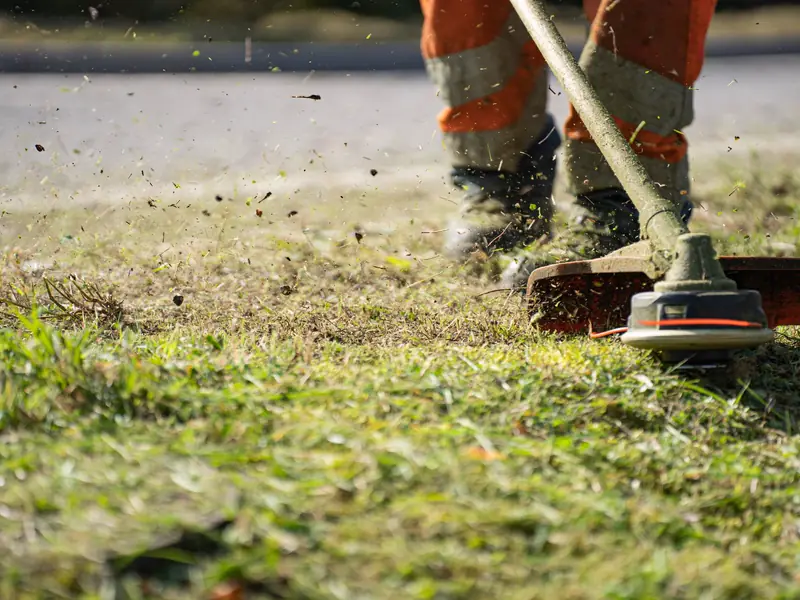 A worker trimming grass along a curb with a string trimmer