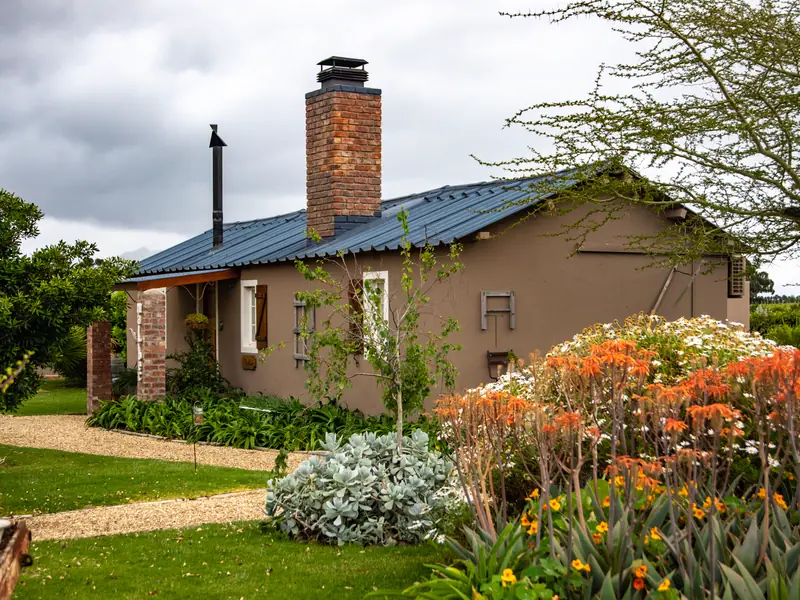 A small house with a front garden of orange and silver plants beside a gravel walk