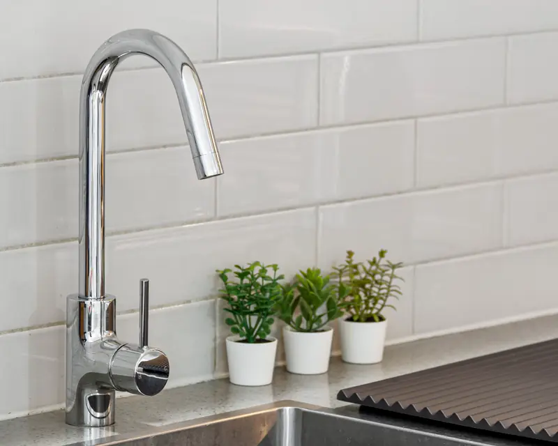 A chrome kitchen faucet over a stainless sink with potted herbs on the counter