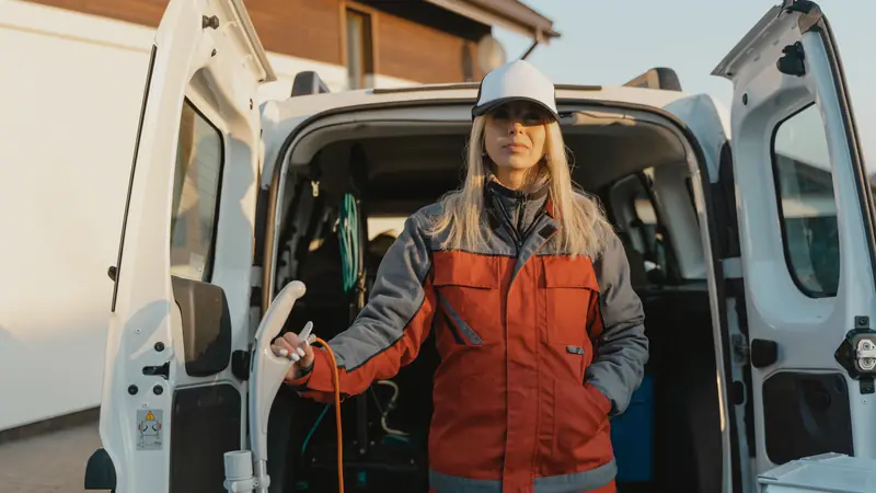 A Hartley plumber at the back of her service van