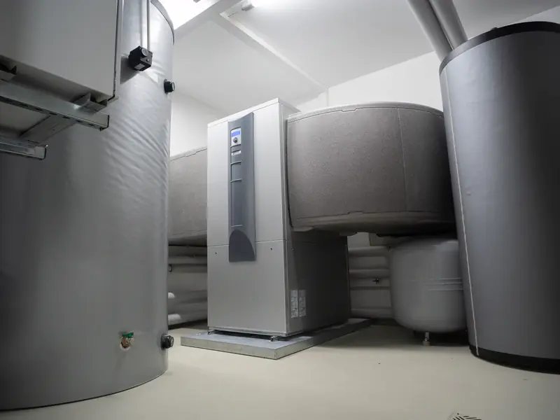 Water heater tanks and equipment in a clean utility room