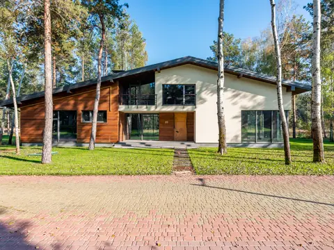 Contemporary house with dark cladding and white panels among tall birch trees