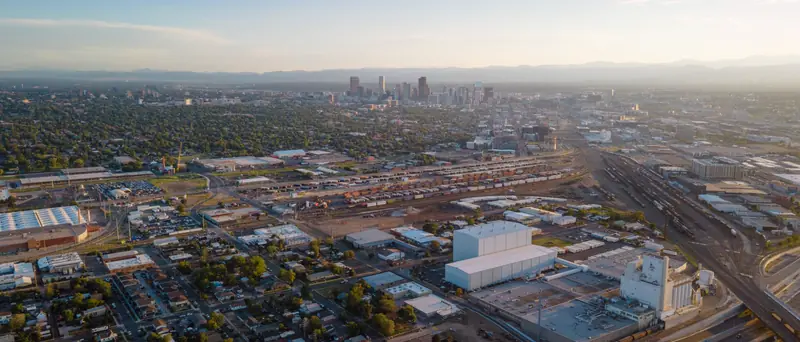 An aerial view of the Denver metro area at dusk