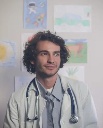 Dr. Theo Hale smiling in front of children's drawings